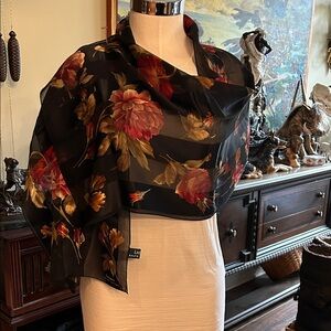 Ralph Lauren Black Floral Silk Scarf 16” x 58”